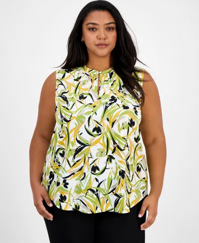 Kasper Plus Size Sleeveless Printed Keyhole Blouse In Lily White Multi