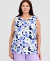Kasper Plus Size Sleeveless Shirred Floral Shell In Multi