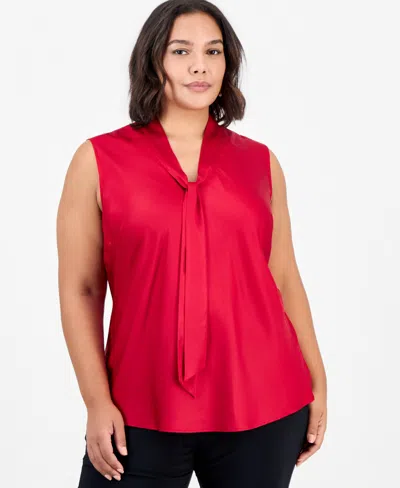 Kasper Plus Size Sleeveless Tie-front Satin Blouse In Red
