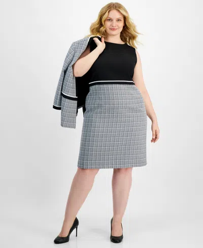 Kasper Womens Open Front Piped Trim Tweed Jacket Sleeveless Sheath Dress In Black Multi
