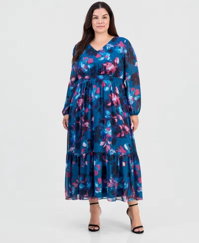 Kasper Plus Size Smocked-back Balloon-sleeve Dress In Blue