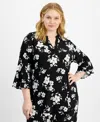 Kasper Plus Size Split-neck Floral Flutter-sleeve Top In Black,vanilla Ice