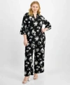 Kasper Plus Size Floral-print Straight-leg Pants In Black,vanilla Ice