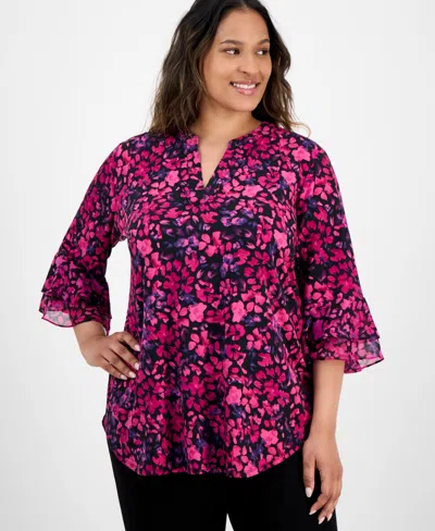 Kasper Plus Size Split-neck Floral-print Top
