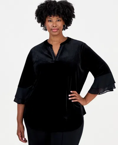Kasper Plus Size Split-neck 3/4-length Flutter-sleeve Blouse In Multi