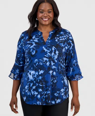 Kasper Plus Size Split-neck Printed Flutter-sleeve Top In Blue