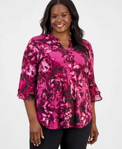 Kasper Plus Size Split-neck Printed Flutter-sleeve Top In Pink