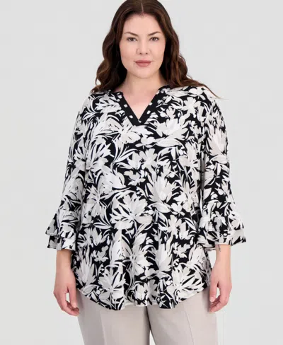 Kasper Plus Size Split-neck Ruffled-cuff Top In Multi