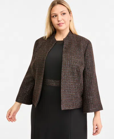 Kasper Plus Size Stand Collar Bell-sleeve Open-front Cardigan In Rich Chocolate,black