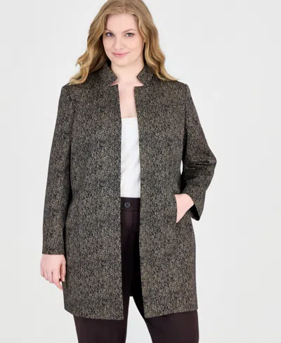 Kasper Plus Size Stand Collar Topperknit Mid-length Jacket In Black,camel