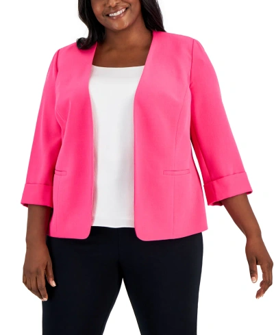 Kasper Plus Size Stretch-crepe 3/4-sleeve Open-front Jacket In Pink Perfection