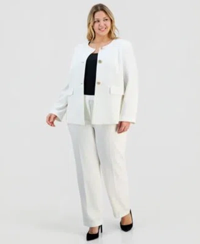 Kasper Plus Size Stretch Crepe Button Front Jacket Straight Leg Pants In White