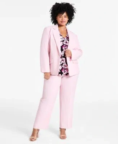 Kasper Plus Size Stretch Crepe One Button Blazer Floral Top Straight Leg Pants In Tutu Pink