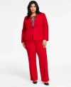 Kasper Plus Size Stretch Crepe One Button Seamed Jacket Graphic Print Sleeveless Pleat Neck Knit Top Stretc In Fire Red