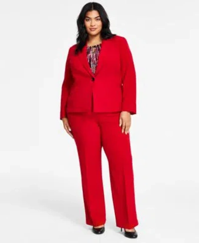 Kasper Plus Size Stretch Crepe One Button Seamed Jacket Graphic Print Sleeveless Pleat Neck Knit Top Stretc In Fire Red