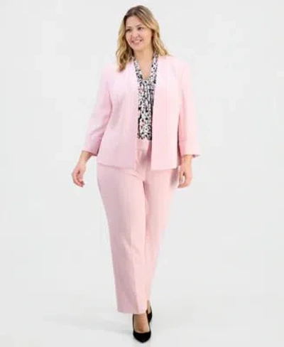 Kasper Plus Size Stretch Crepe Open Front 3 4 Sleeve Cardigan Printed Knot Front Sleeveless Top Core Julia  In Pink