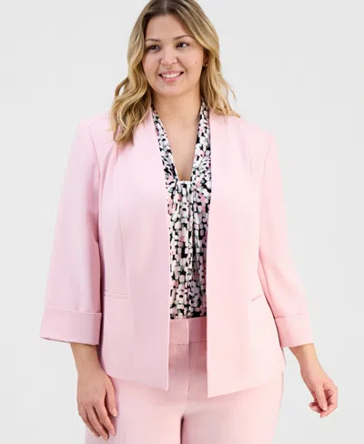 Kasper Plus Size Stretch Crepe Open-front 3/4-sleeve Collarless Blazer In Pink