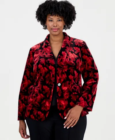 Kasper Plus Size Stretch Floral-print Velvet Blazer In Red