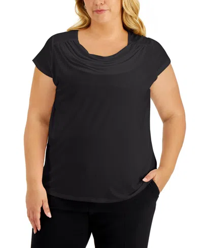 Kasper Plus Size Stretch Knit Short-sleeve Cowl-neck Top In Black