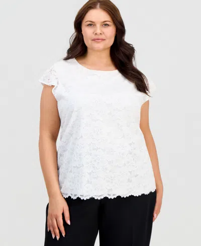 Kasper Plus Size Stretch Lace Flutter-sleeve Top In White