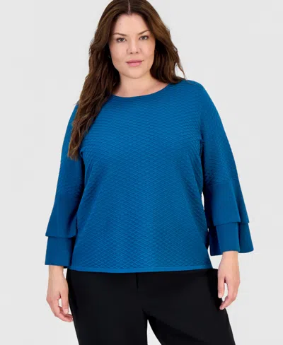Kasper Plus Size Textured Bell-sleeve Top In Bottle Teal