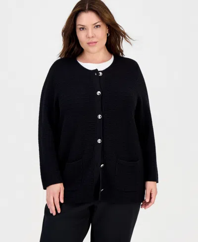Kasper Plus Size Textured Patch-pocket Crewneck Cardigan In Black