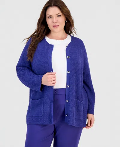 Kasper Plus Size Textured Patch-pocket Crewneck Cardigan In Blue