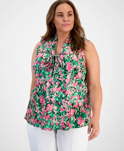 Kasper Plus Size Tie-neck Floral-print Shell Top In Black Multi