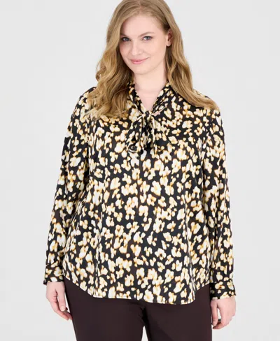 Kasper Plus Size Tie Neck Long-sleeve Animal-print Blouse In Multi