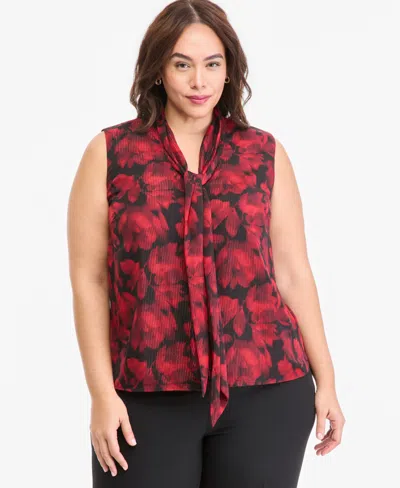 Kasper Plus Size Tie-front Floral-print Sleeveless Blouse In Red
