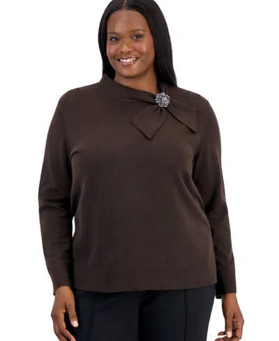 Kasper Plus Size Tie-neck Pleated-shoulder Sweater In Brown