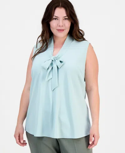 Kasper Plus Size Tie-neck Sleeveless Top In Blue