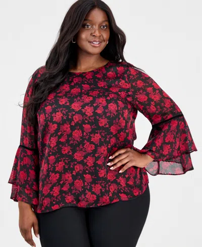 Kasper Plus Size Tiered Bell-sleeve Top In Multi