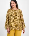 Kasper Plus Size Tiered Ruffle-sleeve Printed Blouse In Yellow