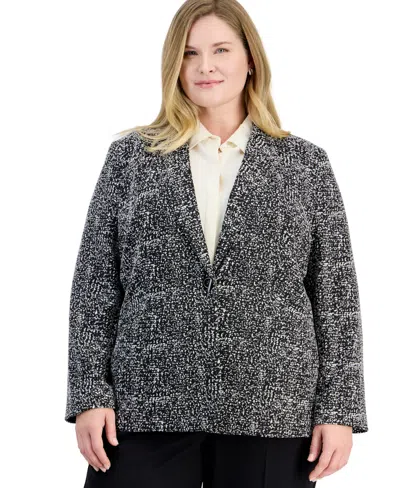 Kasper Plus Size Toggle Long-sleeve Textured-tweed Blazer In Black,vanilla Ice