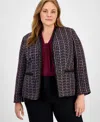 Kasper Plus Size Tweed Collarless Open-front Jacket In Black