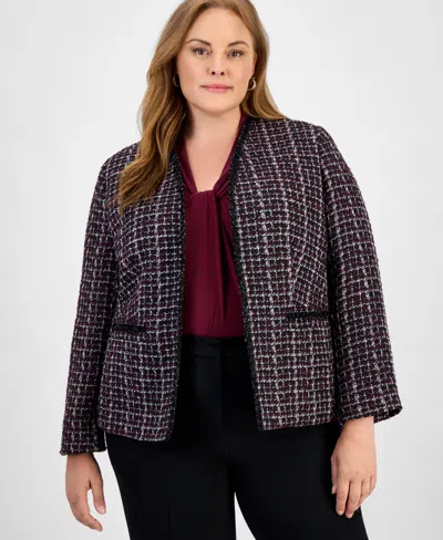 Kasper Plus Size Tweed Collarless Open-front Jacket In Black