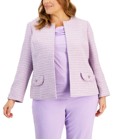 Kasper Plus Size Tweed Fringe-trim Jacket In Lavender Mist Multi