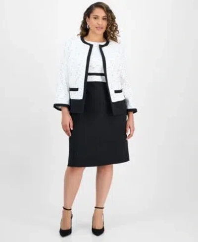 Kasper Plus Size Tweed Open Front Blazer Mixed Media Sleeveless Sheath Dress In Vanilla Ice,black