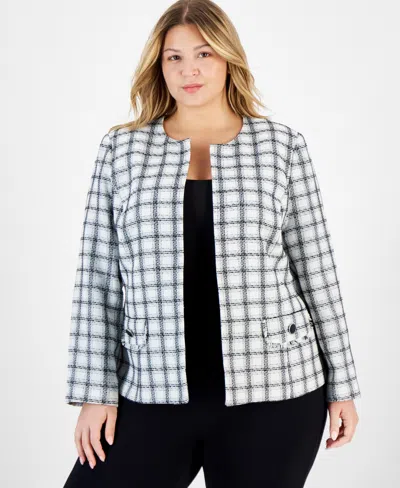 Kasper Plus Size Tweed Open-front Collarless Cardigan In Vanilla Ice Multi
