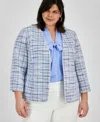 Kasper Plus Size Tweed Piping-trim Open-front Blazer In California Sky Multi