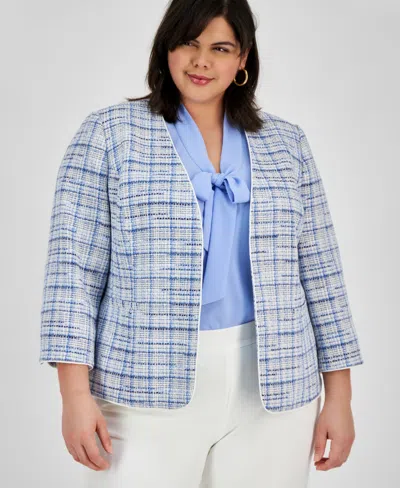 Kasper Plus Size Tweed Piping-trim Open-front Blazer In California Sky Multi