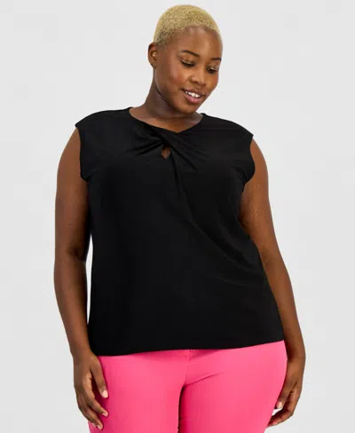 Kasper Plus Size Twist Keyhole-neck Cap-sleeve Knit Top In Black