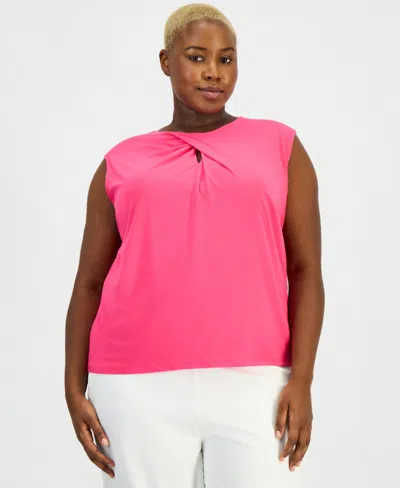 Kasper Plus Size Twist Keyhole-neck Cap-sleeve Knit Top In Pink