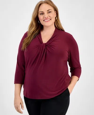 Kasper Plus Size Twist-neck 3/4-sleeve Top In Purple