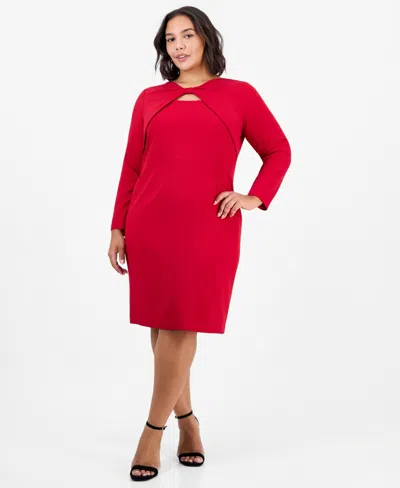 Kasper Plus Size Twist-front 3/4-sleeve Keyhole Dress In Red