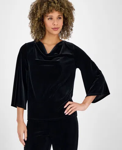 Kasper Plus Size Velvet Cowlneck Bell-sleeve Top In Black