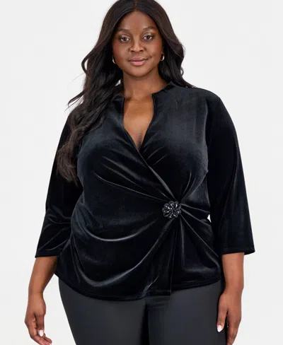 Kasper Plus Size Velvet Embellished Wrap Top In Black