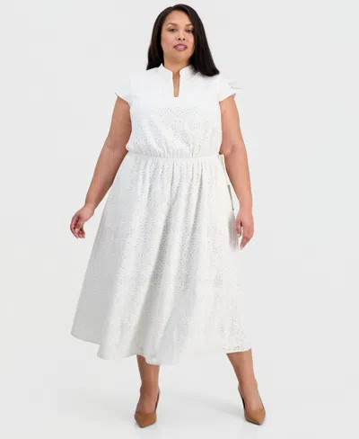 Kasper Plus Size V-neck Cap-sleeve Eyelet Dress In White