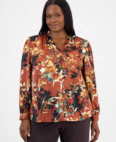 Kasper Plus Size V-neck Pleated Shoulder Long-sleeve Blouse In Brown